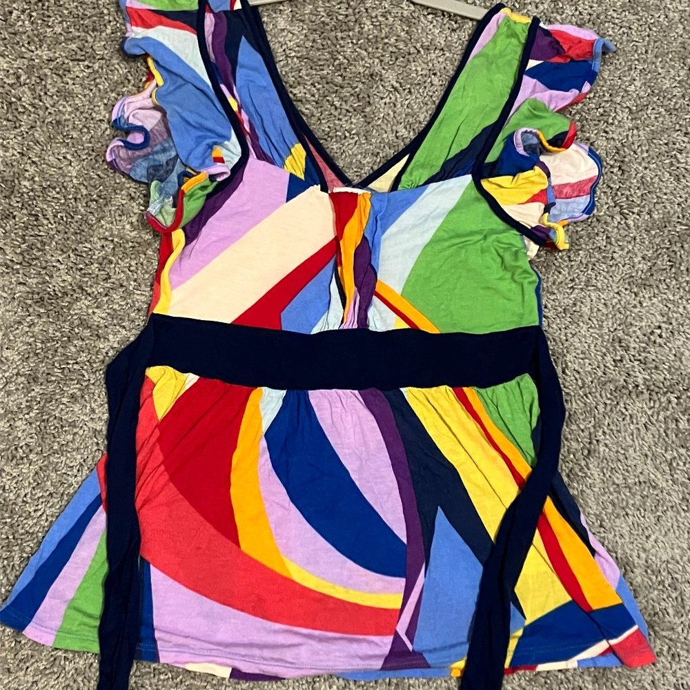 Anthropologie Abstract-Print, Flutter-Sleeve, Tie-Waist Top in Rainbow (Ric Rac)